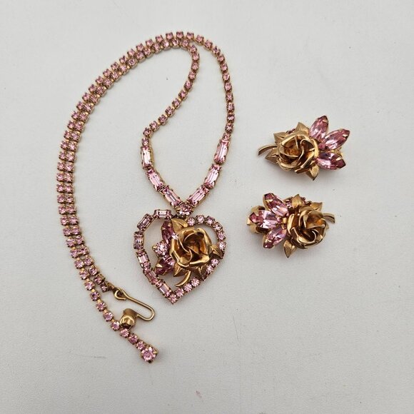 Vintage Weiss Gold Tone Pink Rhinestone Rose Heart Choker Necklace Earrings Set - Picture 1 of 5